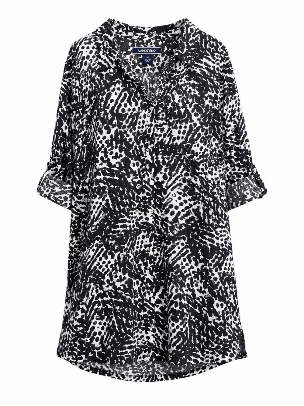 Lands' End 100% Cotton Black White Animal Print Swim Cover-Up Tunic Size 1X